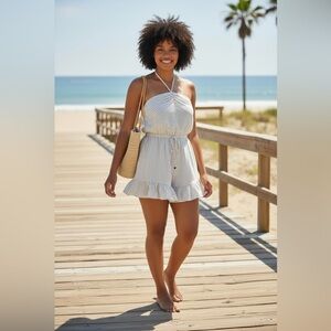 MICHAEL Michael Kors White and Gray Strapless Jumpsuit with Ruffled Hem